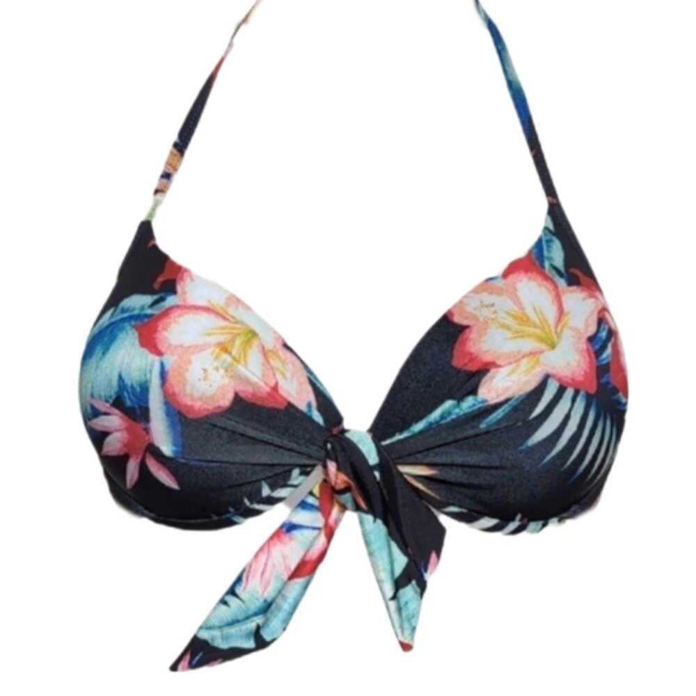 Ardene Black Floral Bikini Top Womens Size Medium Push Up Halter Tie Front